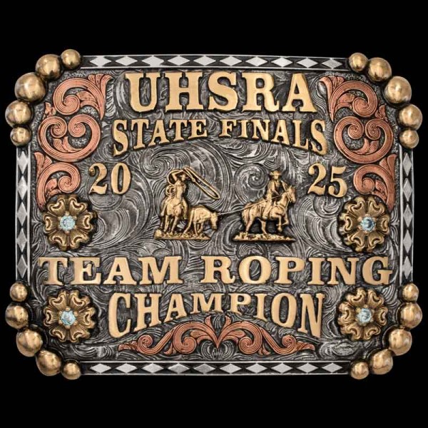 Our Custom Belt Buckle Georgetown is built with diamond edge and Jewelers Bronze Corners. Personalize your own design with rodeo and western figures!